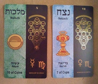 Kabbalistic Tarot pips Ten of Coins and Seven of Cups cards from the Kabbalistic Tarot